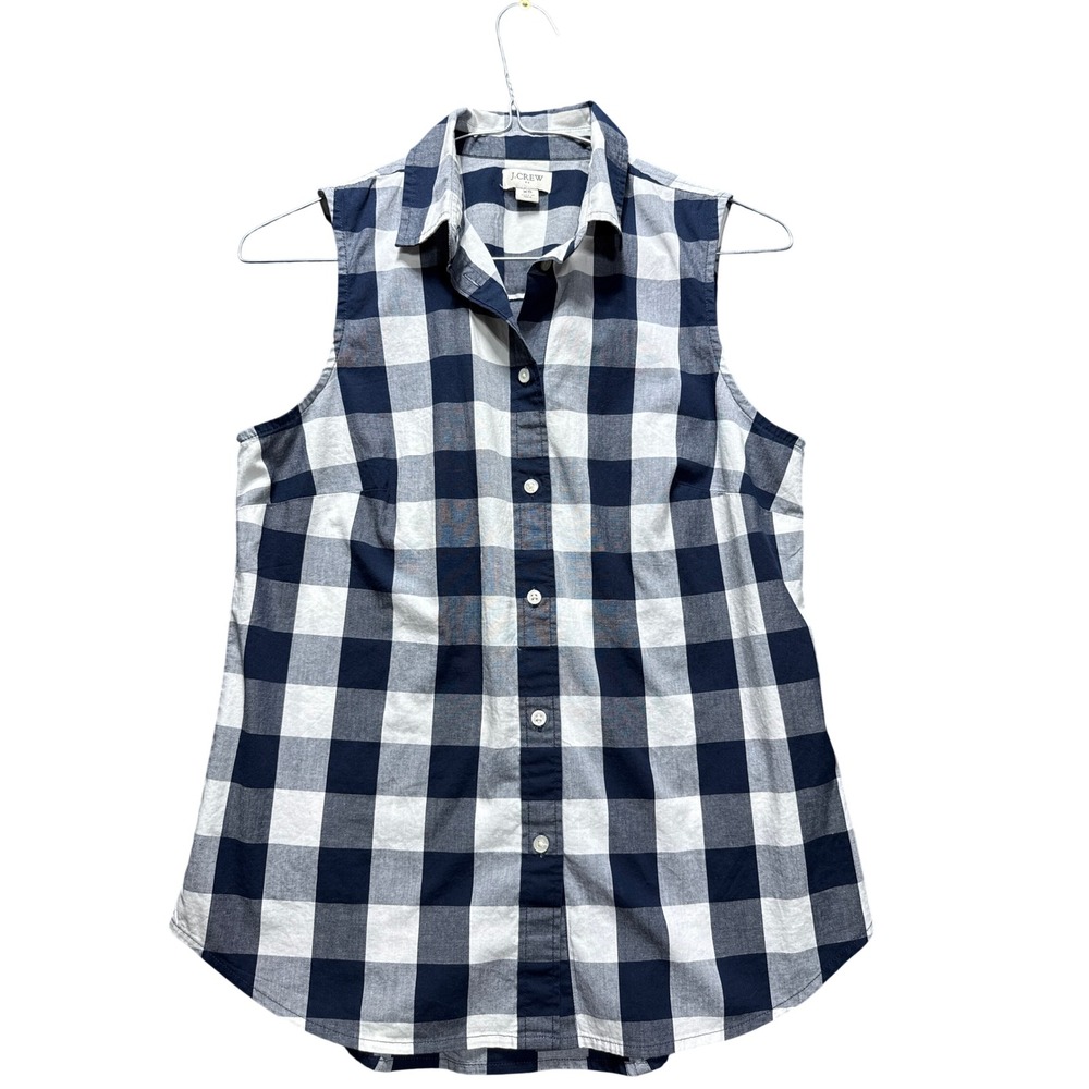 J. Crew Sleeveless Shirt Womens XS Navy White Gingham Buffalo Check AV615